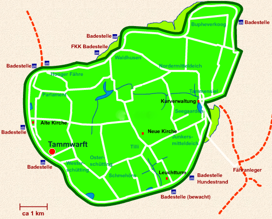 Übersichtskarte der Nordseeinsel Pellworm in Nordfriesland mit eingezeichneter Lage der Tammwarft 6, Fähranleger, Kirchen, Leuchtturm und Badestellen