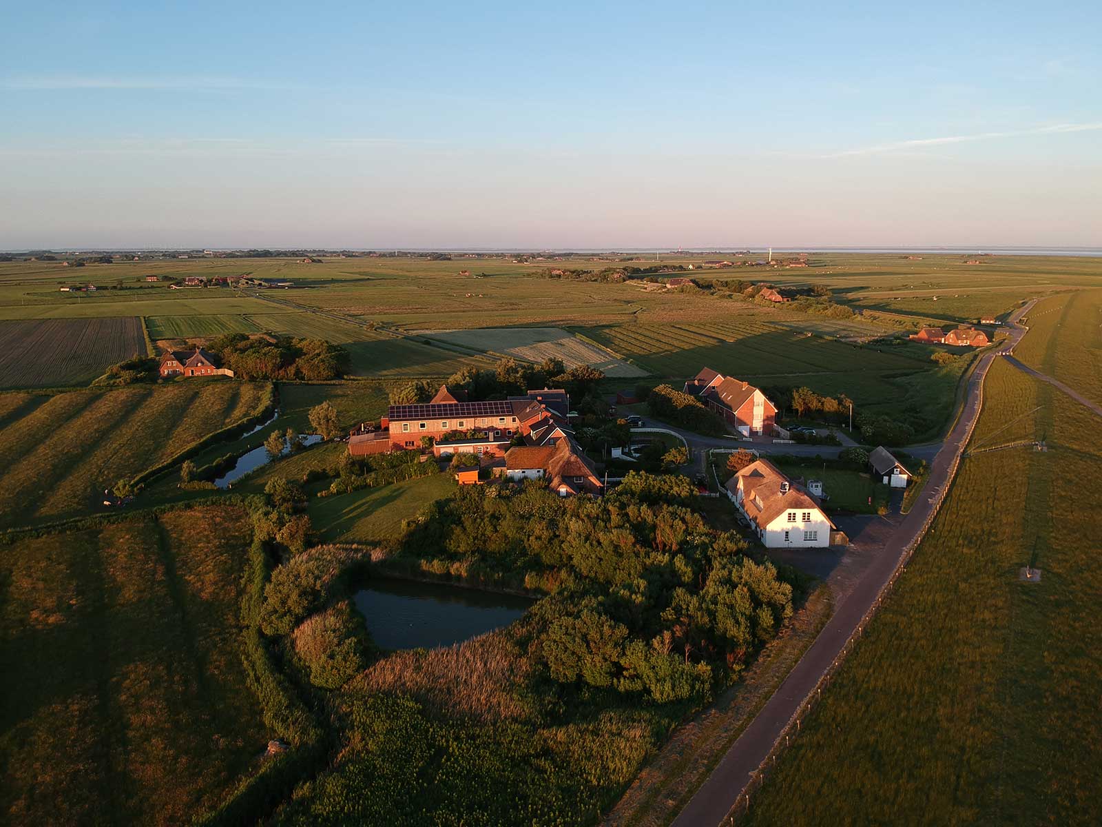 Luftaufnahme der Ferienunterkunft Tammwarft 6 auf der Nordseeinsel Pellworm in Nordfriesland, umgeben von grünen Feldern, Gräben und dem nahen Deich